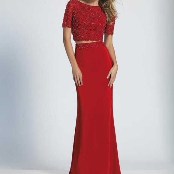 DAVE&JOHNNY 3084 SZ-10 RED LONG SLEEVE TWO-PIECE FORMAL/ PROM DRESS - Picture 1 of 14